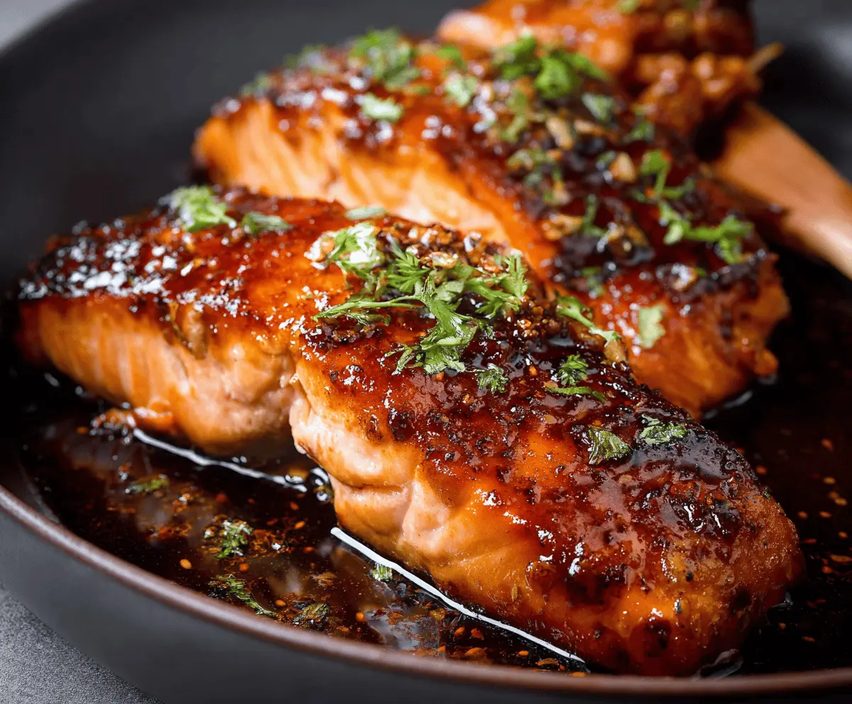 Juicy salmon fillet glazed with shiny honey soy sauce, garnished with sesame seeds and green onions on a white plate