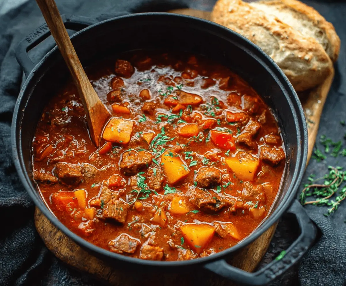 Hearty Hungarian Goulash served in a rustic bowl with tender beef, potatoes, and rich paprika sauce garnished with fresh herbs