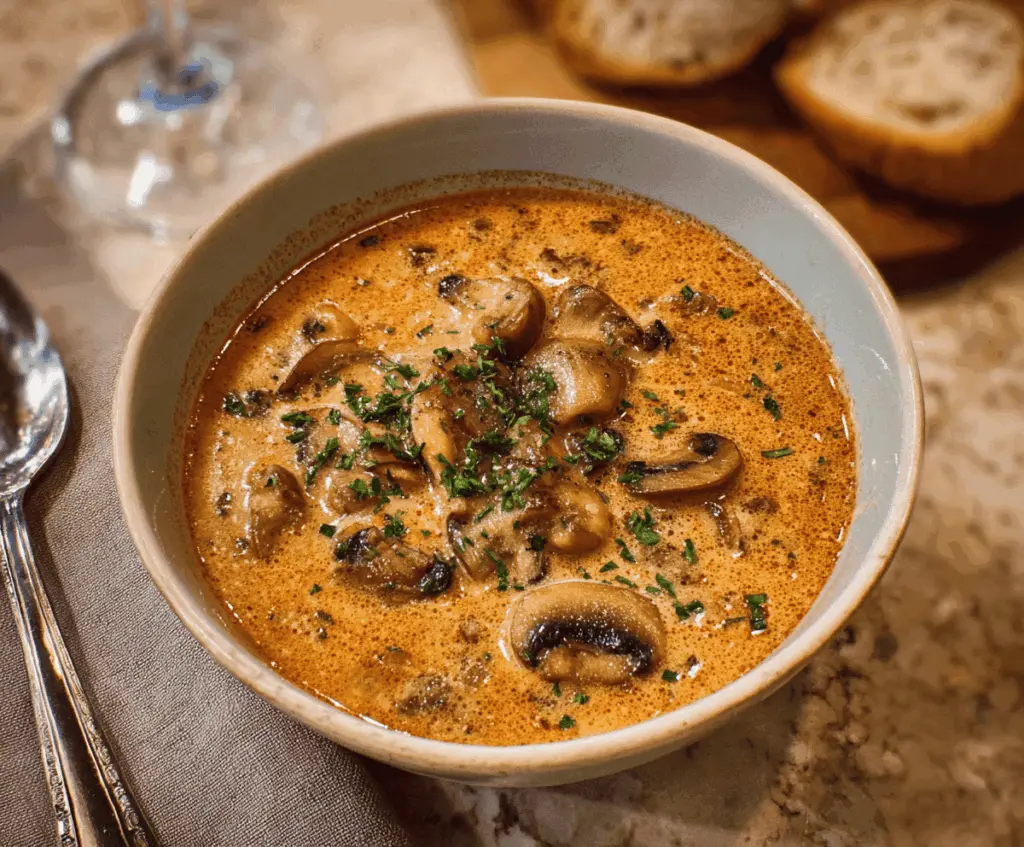 Creamy Hungarian Mushroom Soup in a bowl with fresh herbs and crusty bread on the side