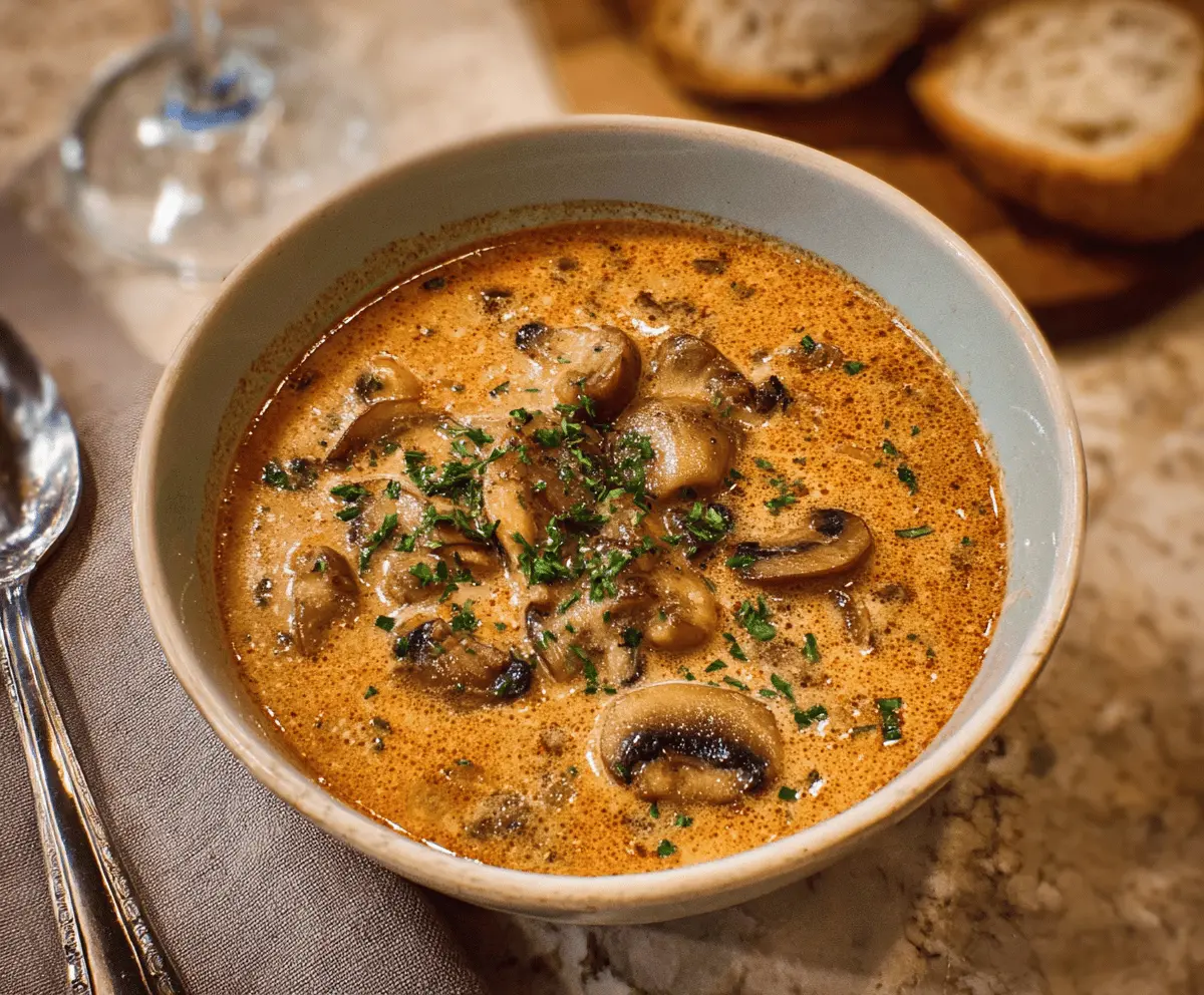 Creamy Hungarian Mushroom Soup in a bowl with fresh herbs and crusty bread on the side