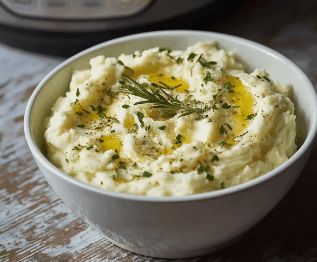 Creamy Instant Pot mashed potatoes topped with butter and chives, perfect for a comforting side dish.