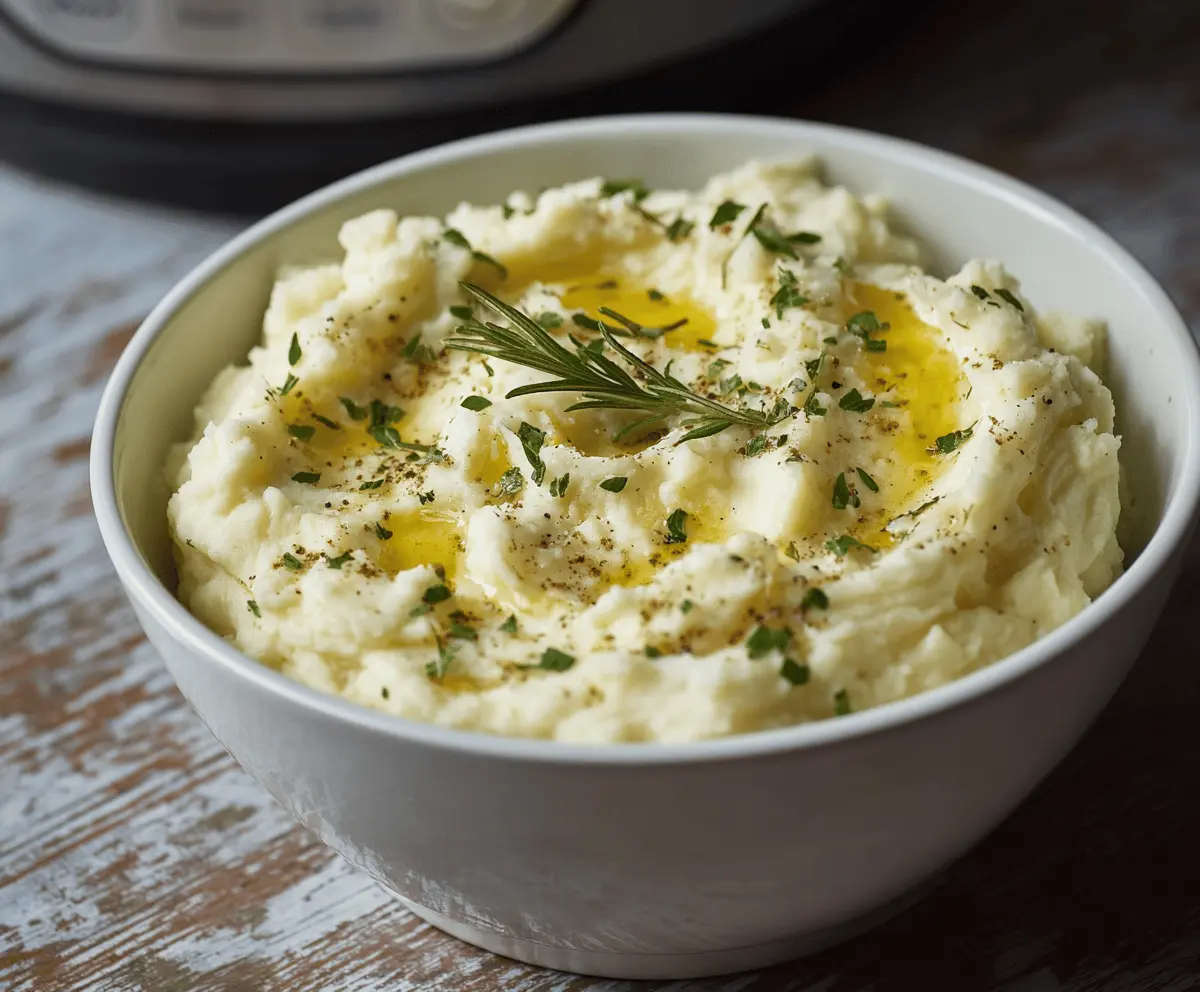 Creamy Instant Pot mashed potatoes topped with butter and chives, perfect for a comforting side dish.