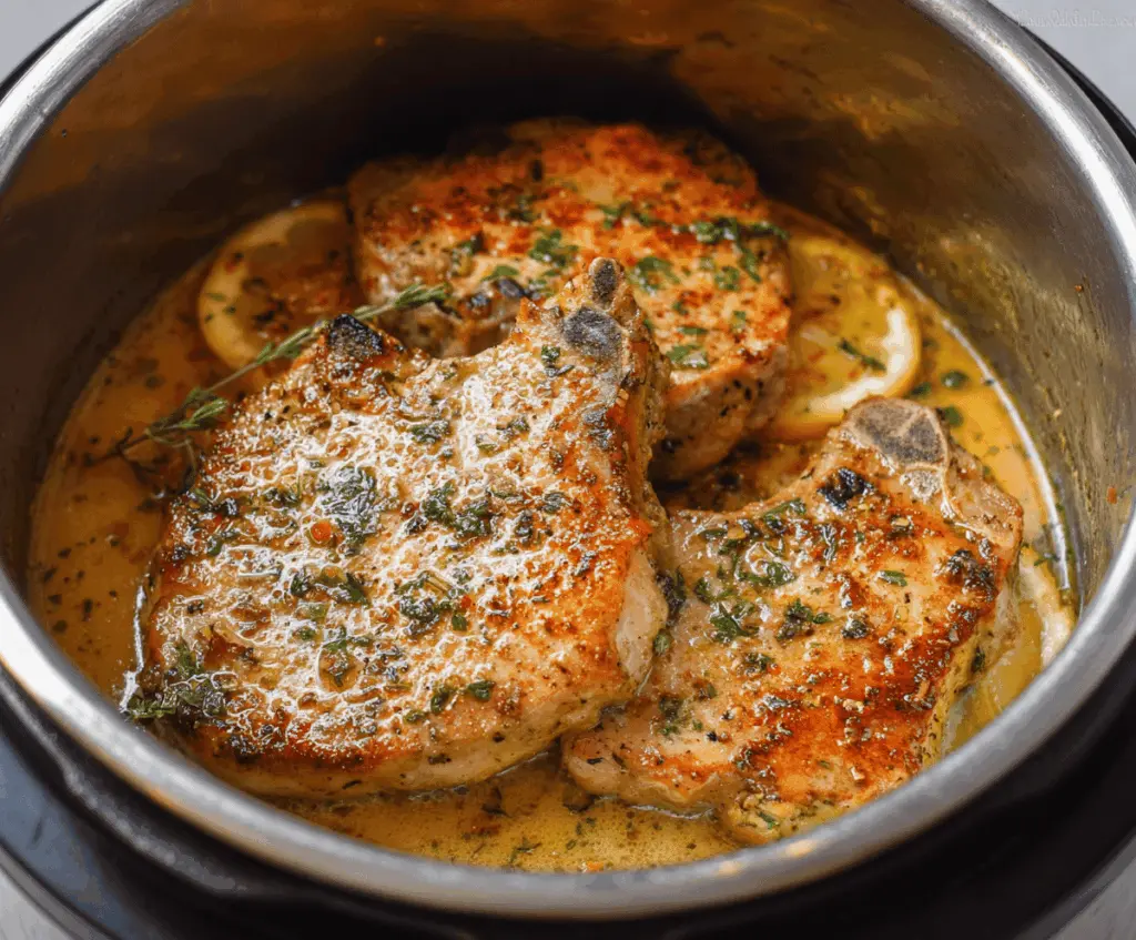 Juicy Instant Pot pork chops served with herbs and vegetables, perfect for a quick and delicious dinner.