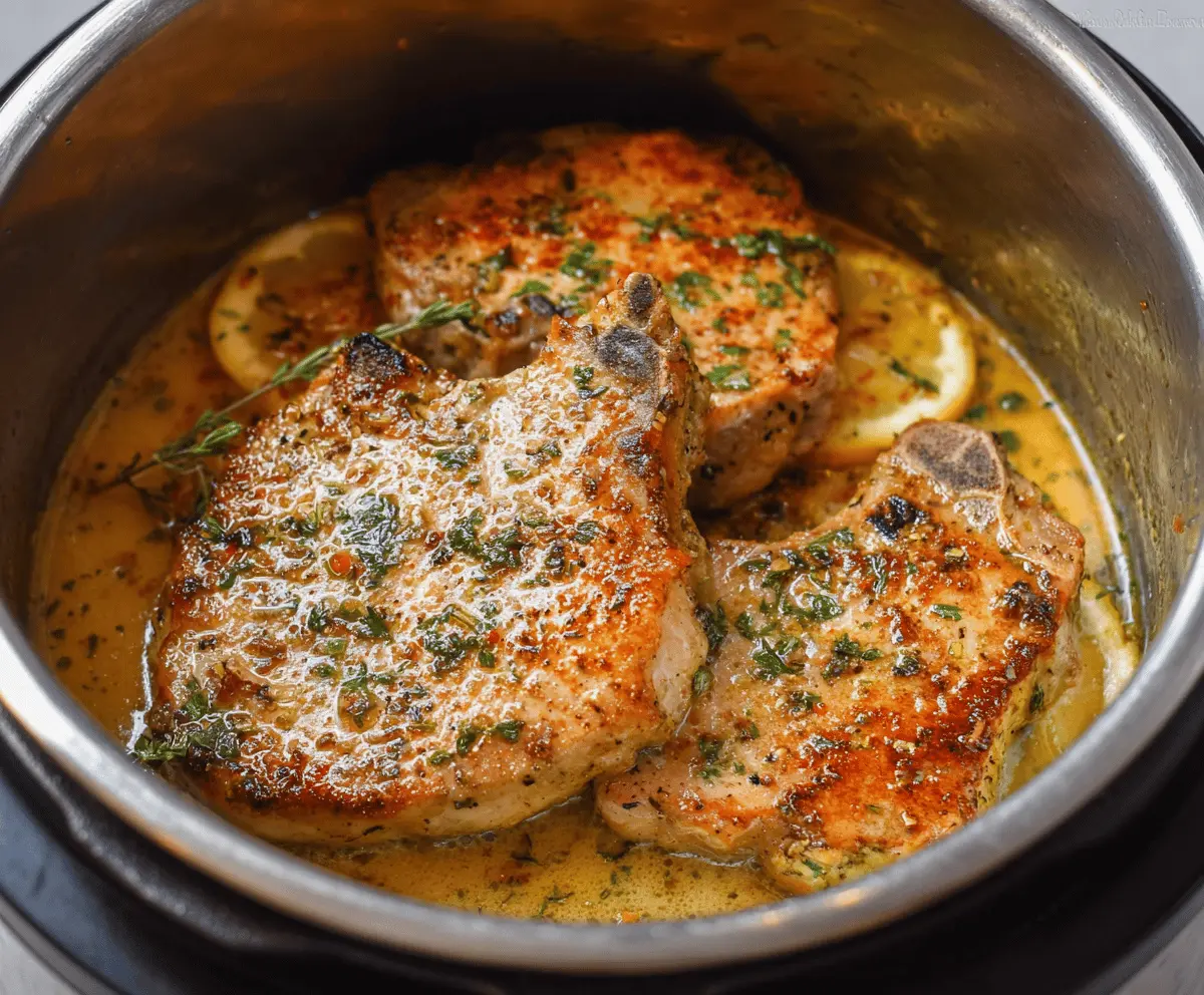 Juicy Instant Pot pork chops served with herbs and vegetables, perfect for a quick and delicious dinner.