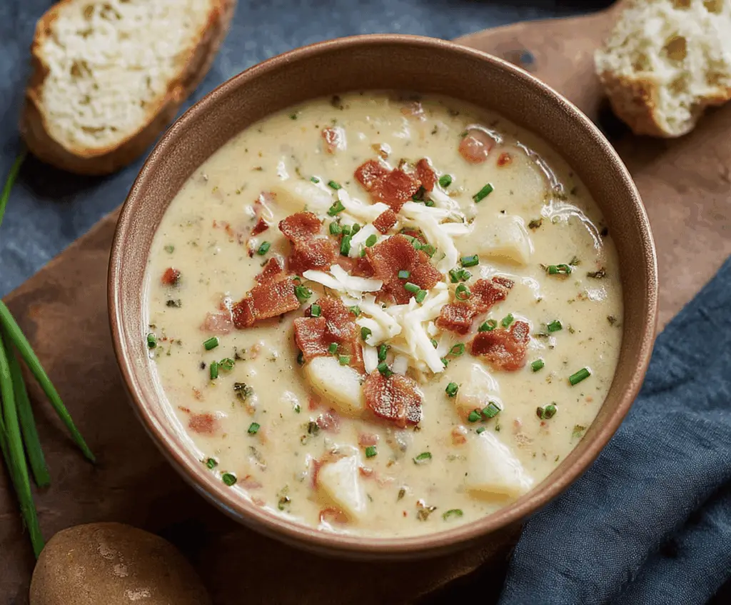 Creamy Irish Potato Soup garnished with fresh herbs and served in a rustic bowl, perfect for a comforting meal.