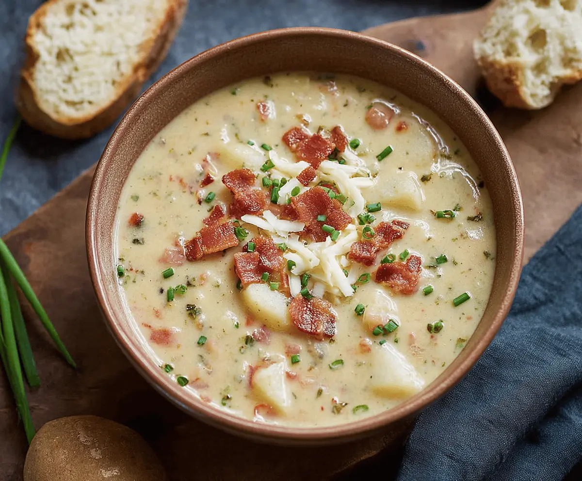 Creamy Irish Potato Soup garnished with fresh herbs and served in a rustic bowl, perfect for a comforting meal.