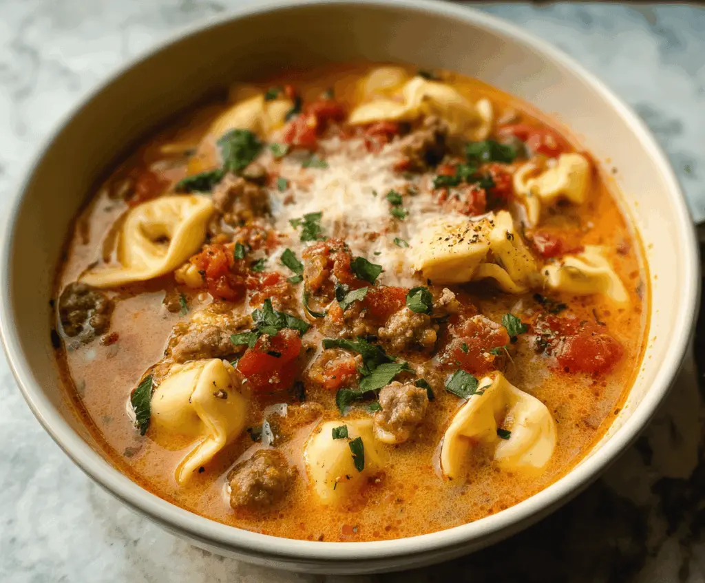 A bowl of Italian sausage tortellini soup garnished with fresh herbs and grated cheese, showcasing tender tortellini, savory sausage, and colorful vegetables in a flavorful broth.