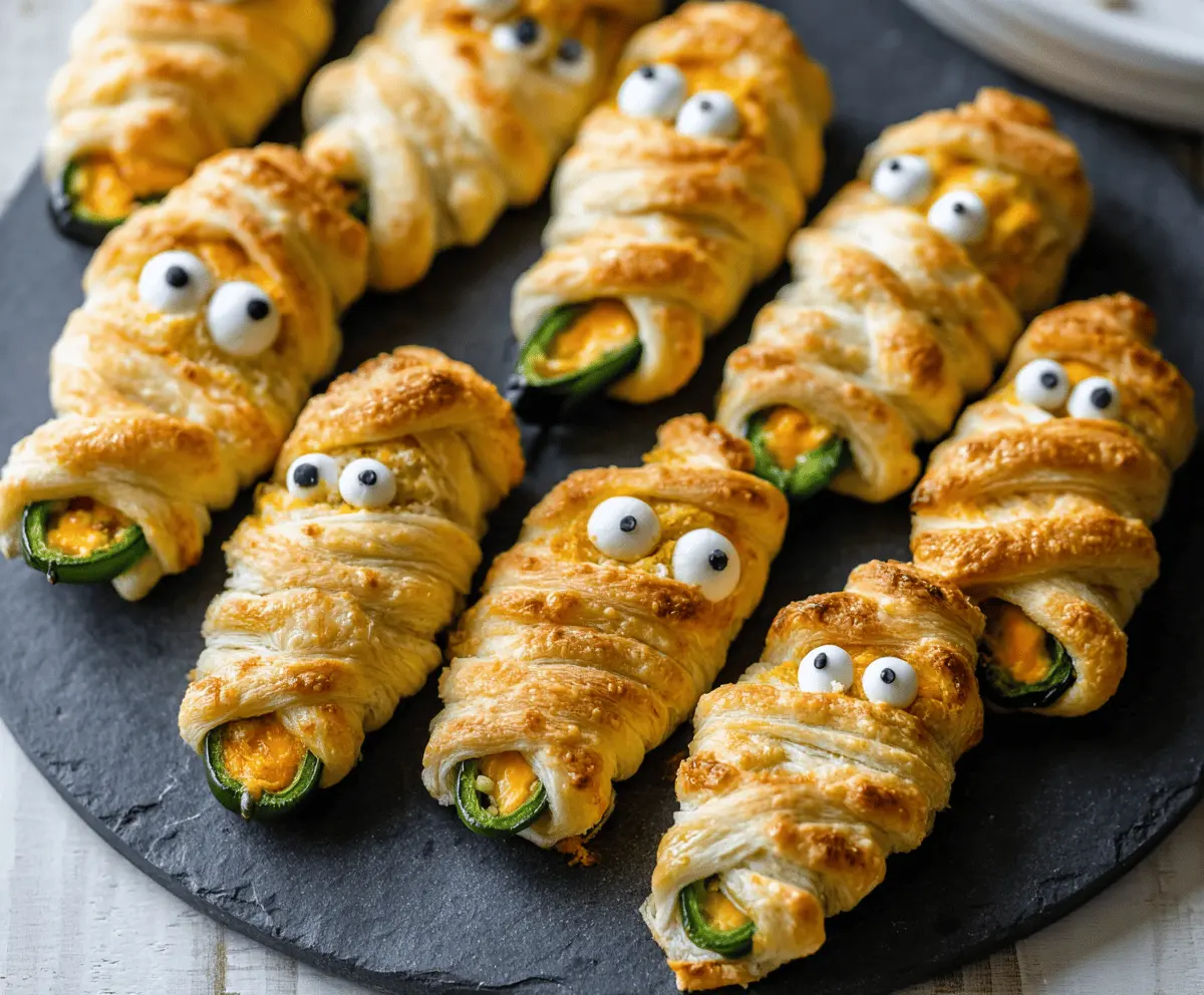 Delicious Jalapeño Popper Mummies served on a platter, featuring spicy jalapeños stuffed with cream cheese and wrapped in crispy puff pastry, perfect for Halloween parties.