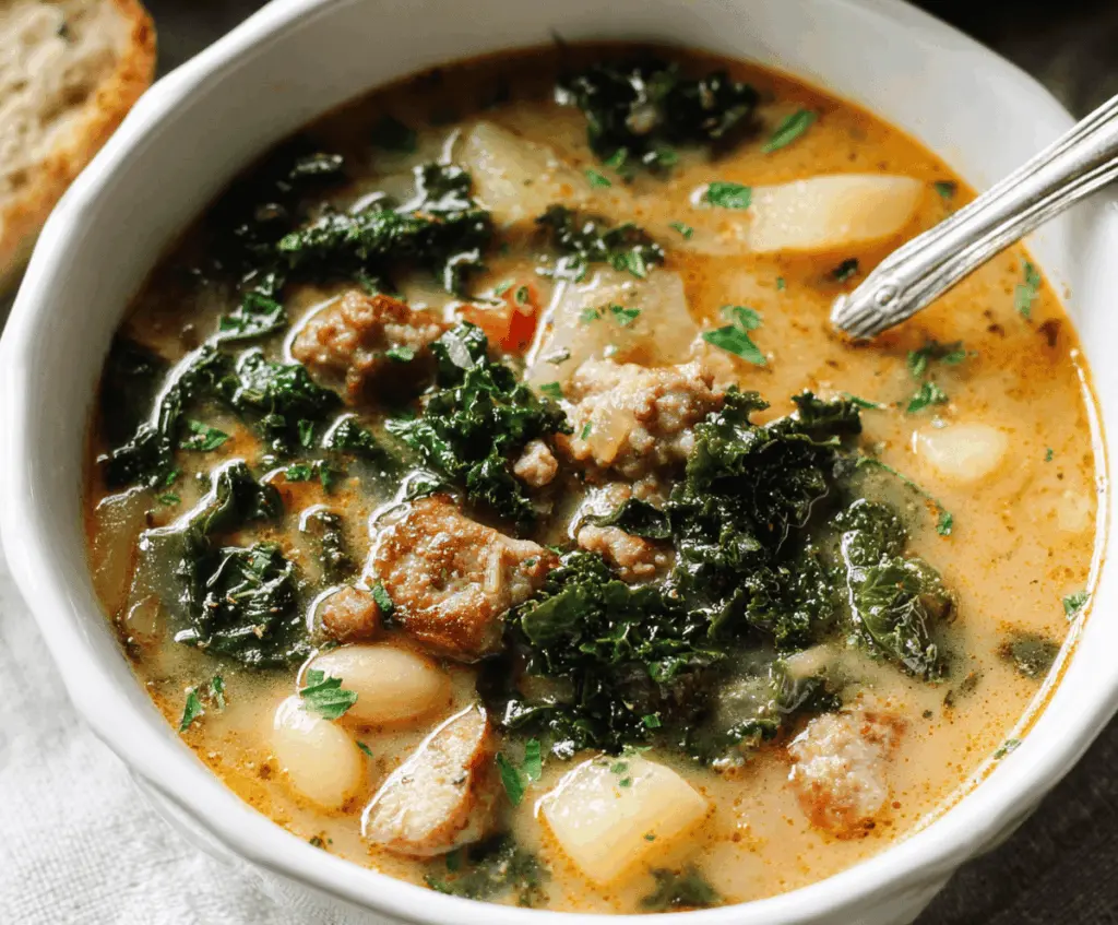 A bowl of hearty Kale and Sausage Soup with fresh kale, slices of sausage, and vegetables in a savory broth, served in a rustic bowl.