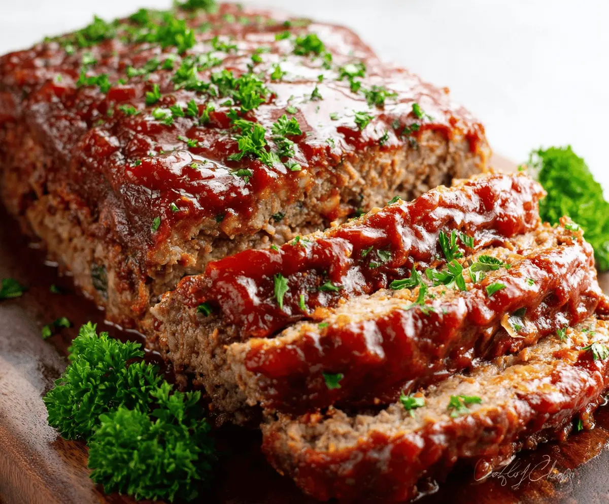 Delicious homemade keto meatloaf topped with fresh herbs on a rustic plate, perfect for low-carb dinners