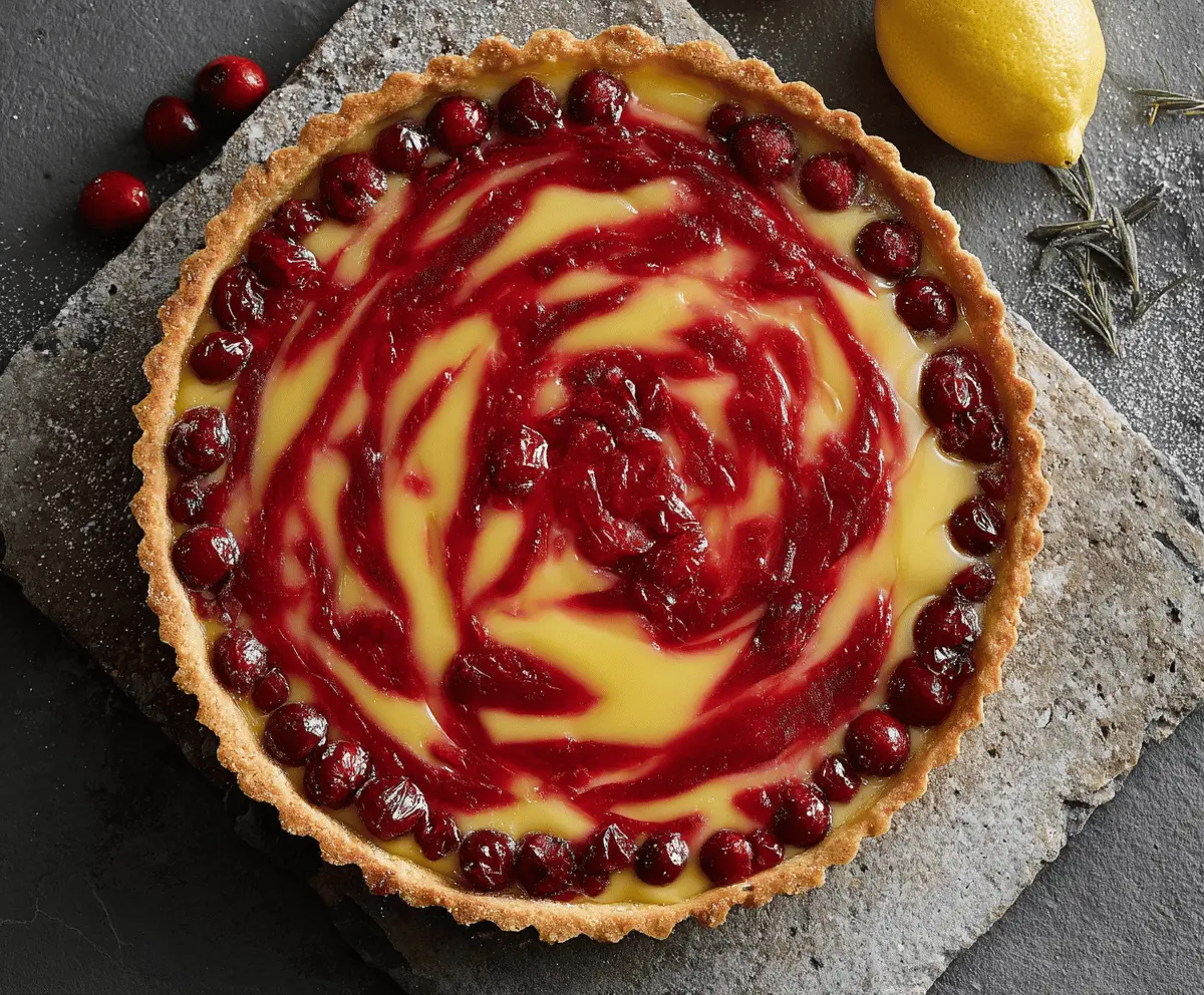 Freshly baked Lemon Cranberry Tart topped with vibrant cranberries and lemon zest, showcasing a golden crust and zesty citrus flavor.