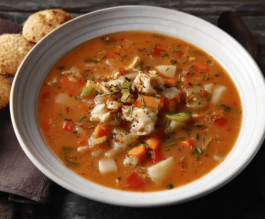 A bowl of hot Manhattan Clam Chowder garnished with fresh herbs, featuring a rich tomato-based broth with clams, vegetables, and spices.