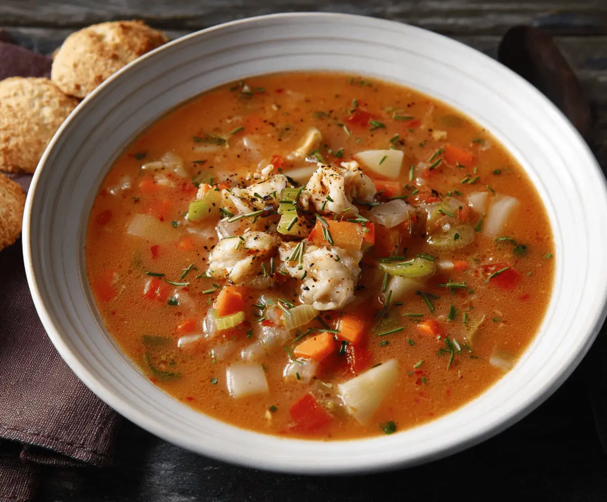 A bowl of hot Manhattan Clam Chowder garnished with fresh herbs, featuring a rich tomato-based broth with clams, vegetables, and spices.