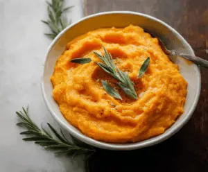 Creamy mashed butternut squash with a hint of nutmeg served in a rustic bowl