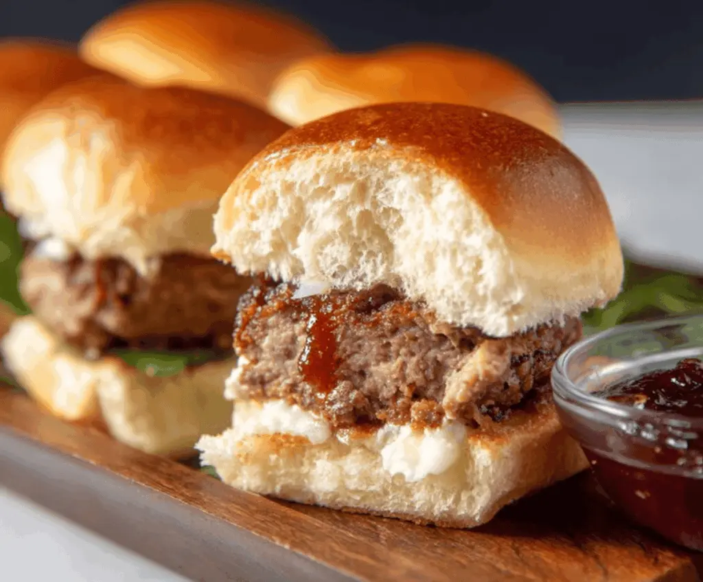 Delicious meatloaf sliders with melted cheese and fresh toppings on a serving platter
