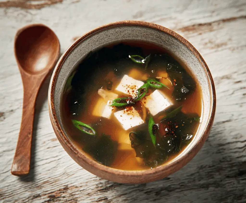 A steaming bowl of traditional miso soup garnished with sliced green onions and tofu cubes, served in a white ceramic bowl on a wooden table.