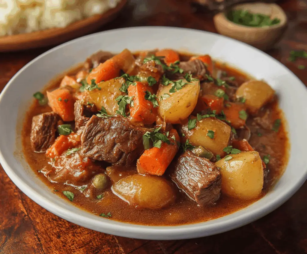 Hearty Mississippi Beef Stew with tender beef chunks, vegetables, and rich broth in a rustic bowl
