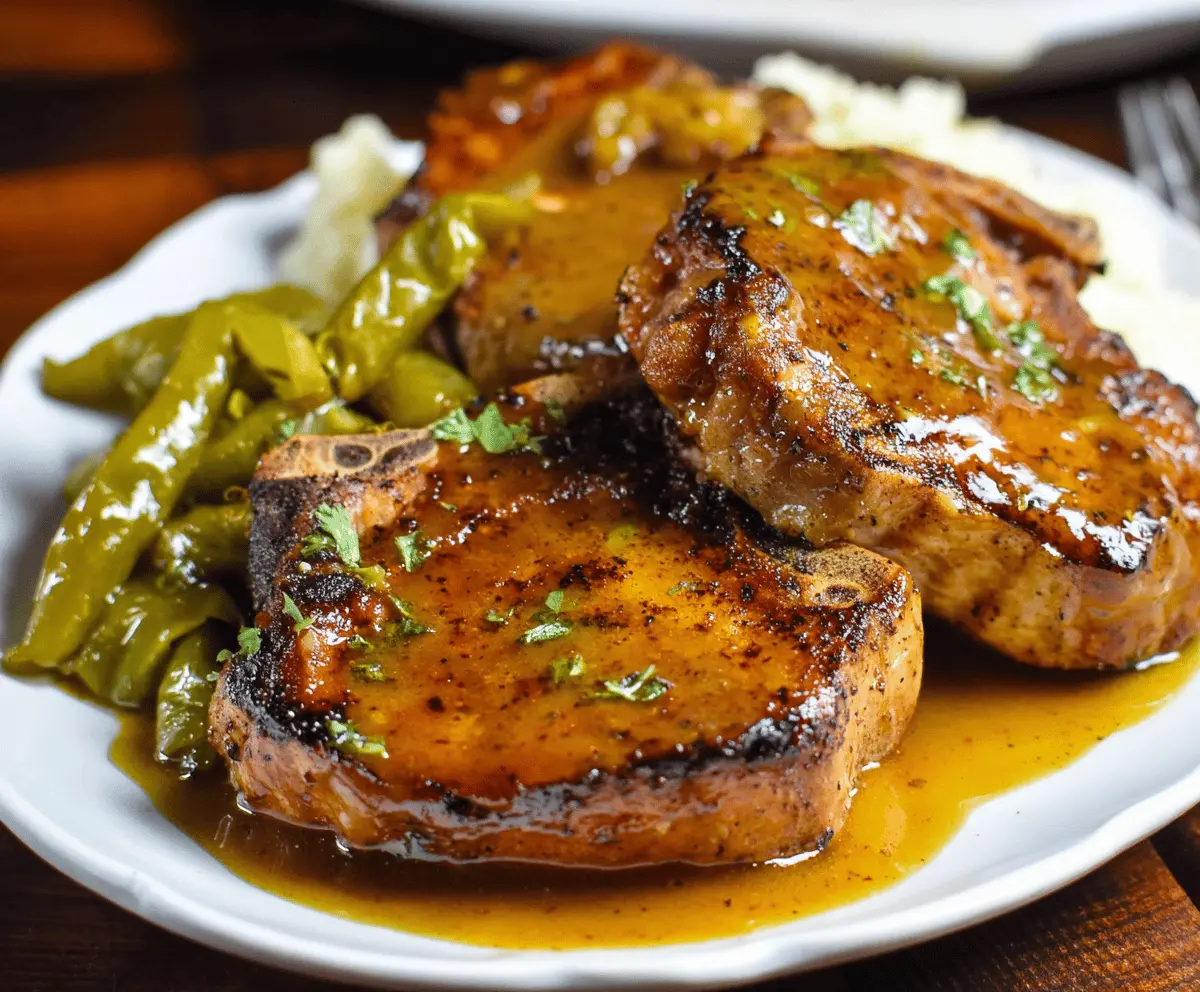 Juicy Mississippi Pork Chops served with flavorful seasoning and fresh vegetables on a rustic plate, perfect for a hearty meal