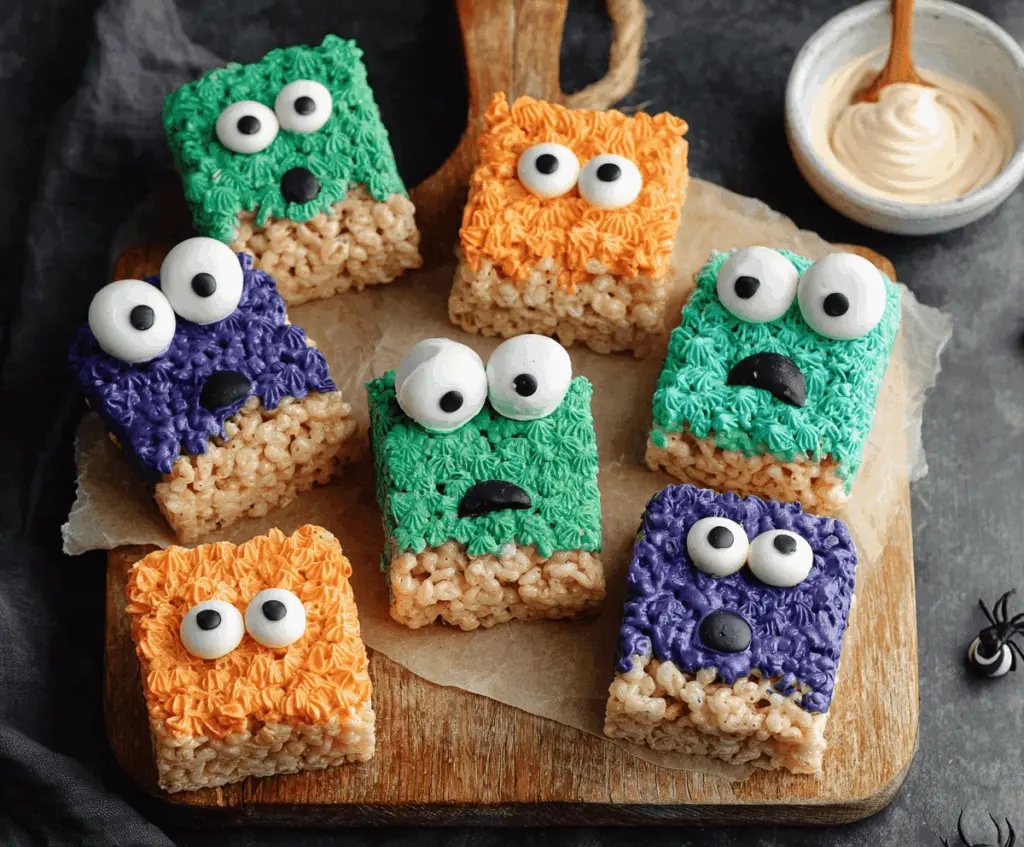 Colorful Monster Rice Krispie Treats topped with gummy eyes and vibrant decorations, perfect for Halloween parties