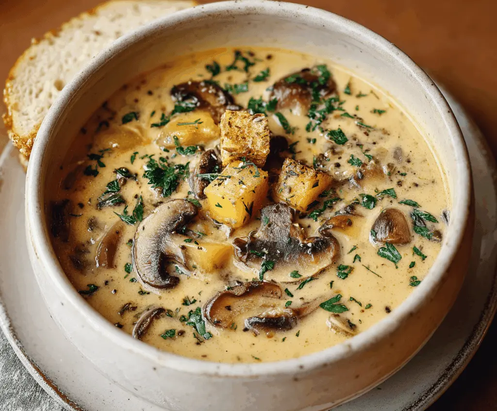 Creamy mushroom and potato soup garnished with fresh herbs in a rustic bowl, perfect for a cozy meal