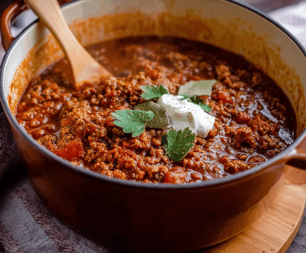 Hearty no-bean chili in a bowl topped with shredded cheese and fresh cilantro, served with a spoon on a rustic wooden table.