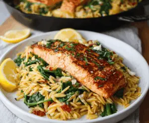 Delicious one skillet salmon with lemon orzo pasta served in a skillet garnished with fresh herbs and lemon wedges
