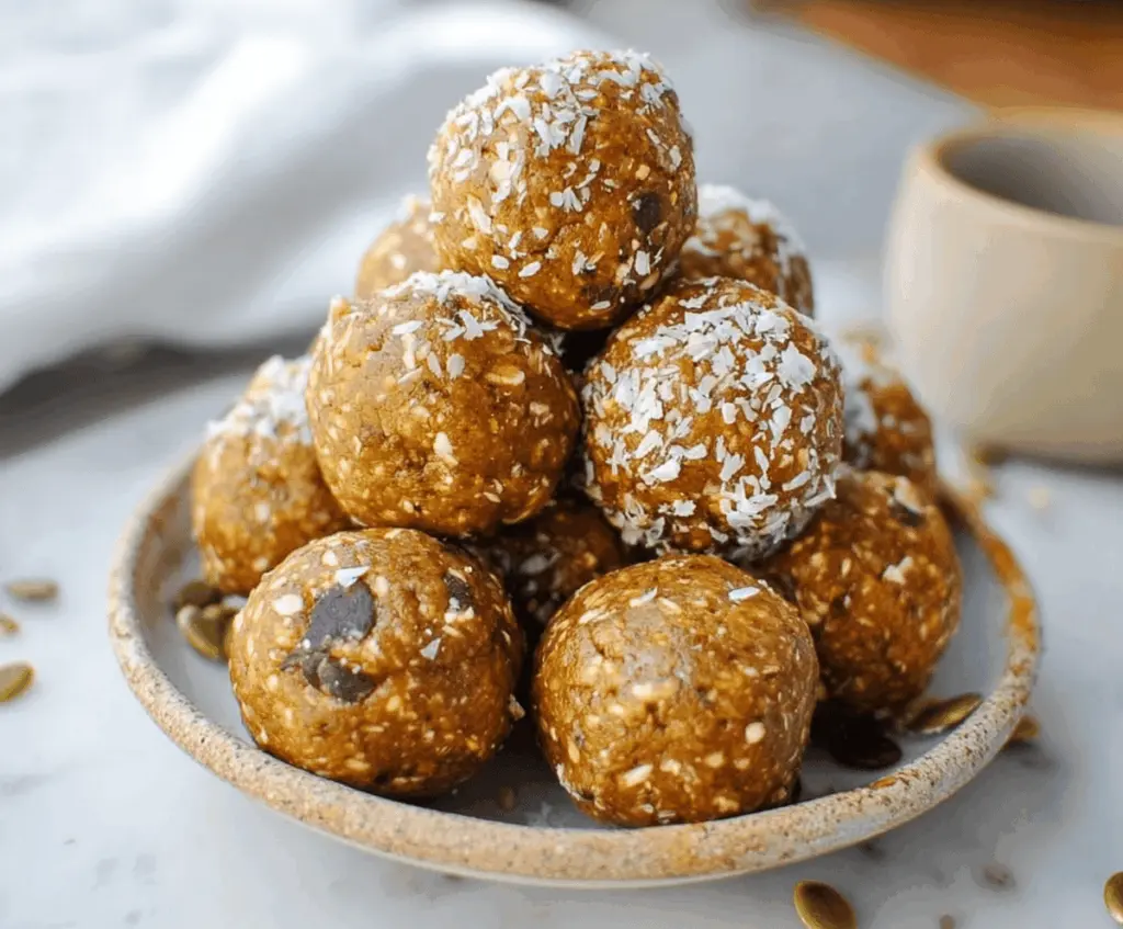 Healthy Paleo Pumpkin Protein Balls on a white plate, featuring a delicious mix of pumpkin, nuts, and seeds, perfect for a nutritious snack.