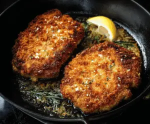 Golden Parmesan Crusted Pork Chops served with fresh herbs on a white plate, showcasing a crispy, cheesy crust perfect for a flavorful dinner