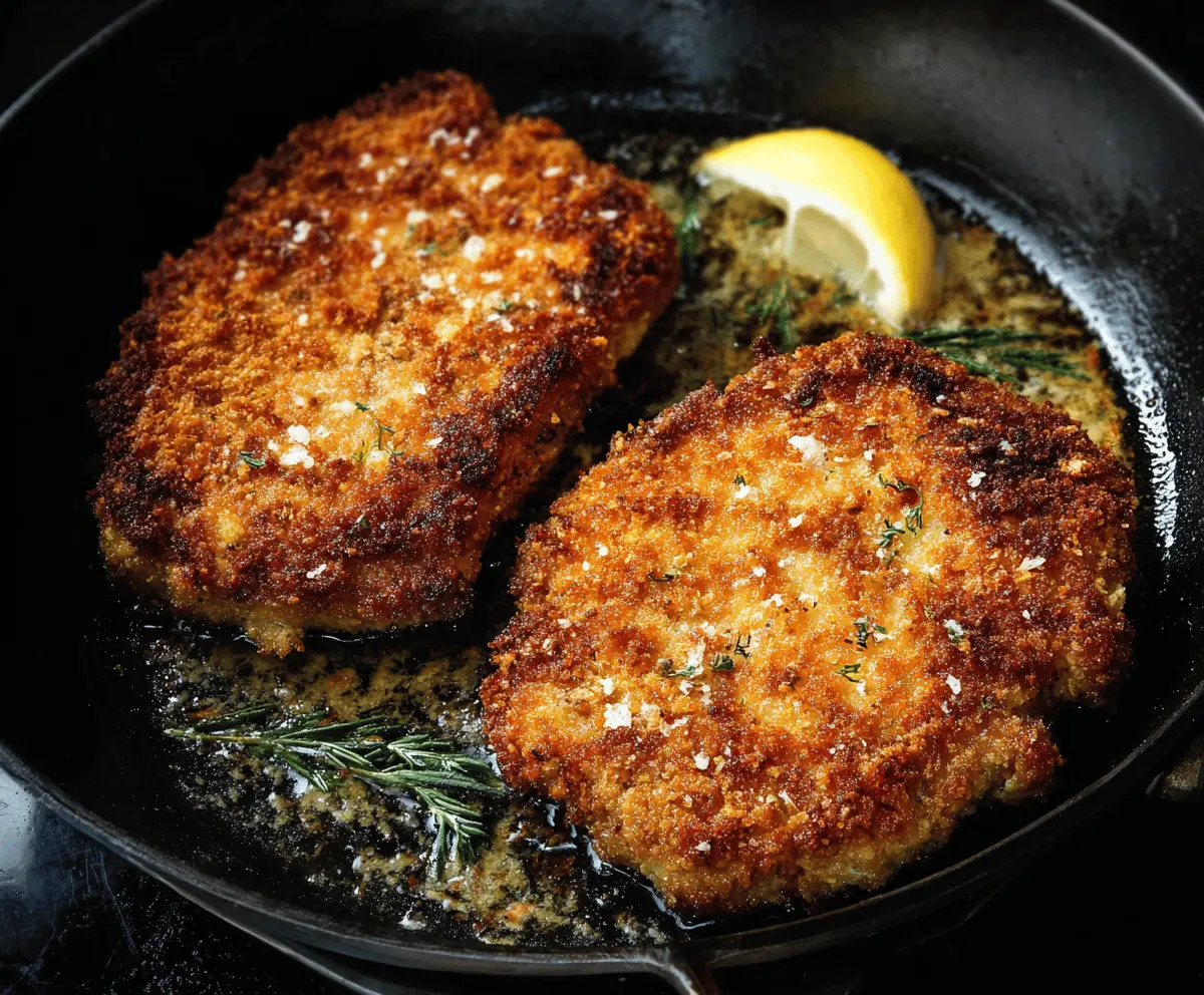 Golden Parmesan Crusted Pork Chops served with fresh herbs on a white plate, showcasing a crispy, cheesy crust perfect for a flavorful dinner