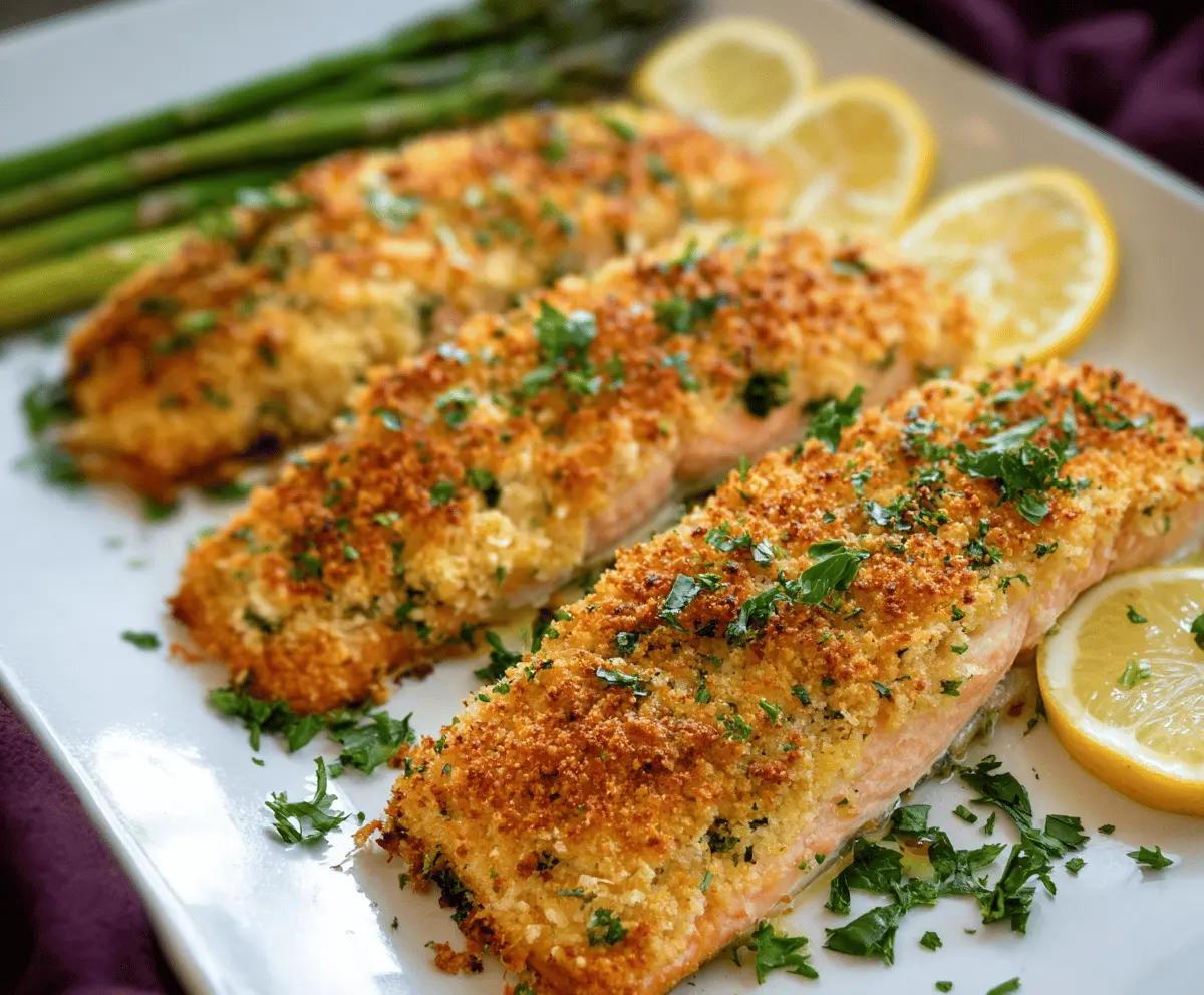 Golden-brown Parmesan crusted salmon fillet garnished with fresh herbs on a white plate, showcasing a crispy and flavorful seafood dish.