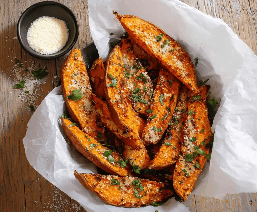 Golden Parmesan Garlic Sweet Potato Wedges arranged on a plate, garnished with fresh herbs, ready to serve as a delicious and healthy snack or side dish.
