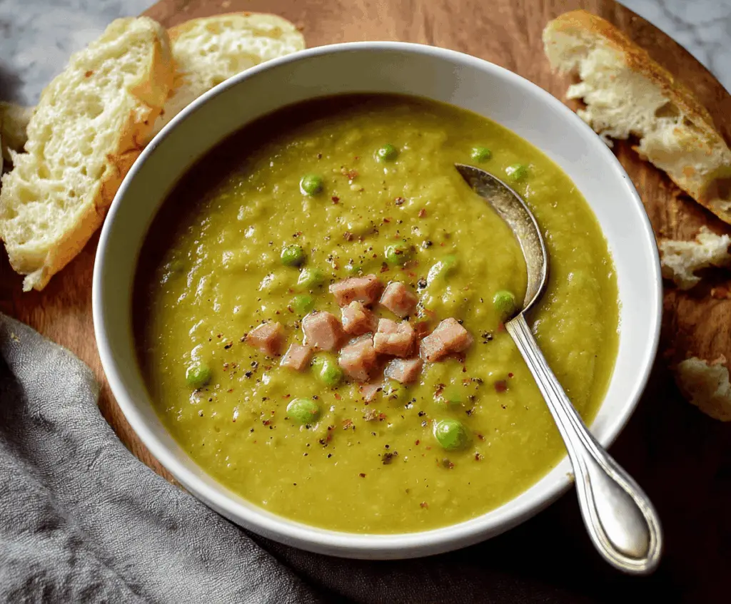 Creamy pea and ham soup served in a bowl garnished with fresh herbs, perfect for a comforting homemade meal.