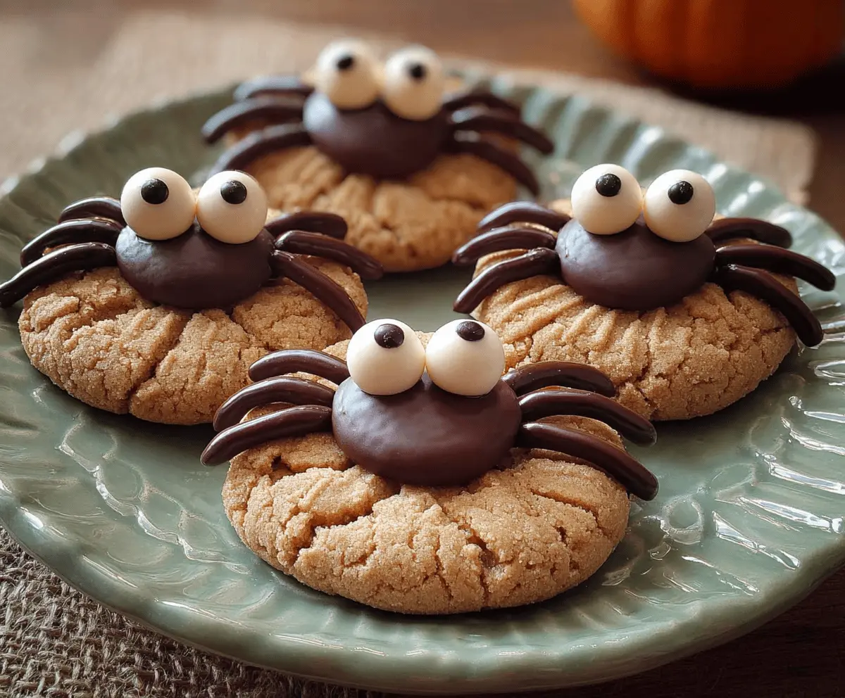 Delicious homemade peanut butter spider cookies decorated with chocolate to resemble creepy crawly spiders, perfect for Halloween treats.