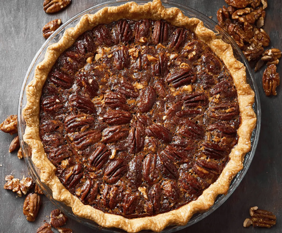 Delicious homemade pecan pie topped with glossy caramelized pecans on a rustic wooden table.