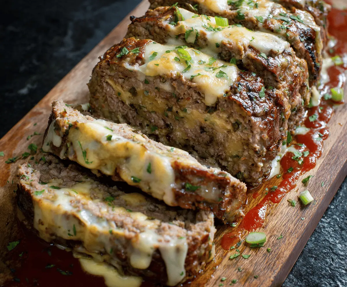 Delicious Philly Cheesesteak Meatloaf served on a plate with melted cheese and fresh herbs