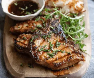 Juicy pork chop marinated in a flavorful herb and garlic marinade ready for grilling or cooking.