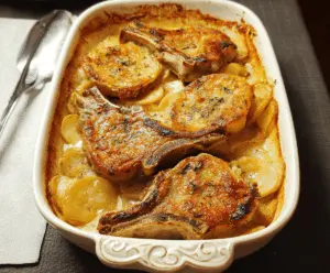 Delicious pork chops served with creamy scalloped potatoes casserole on a dinner plate