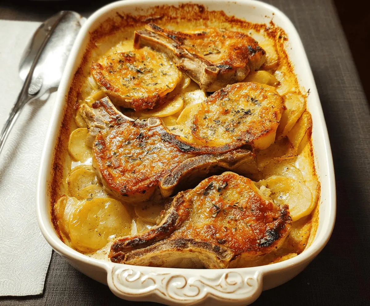 Delicious pork chops served with creamy scalloped potatoes casserole on a dinner plate
