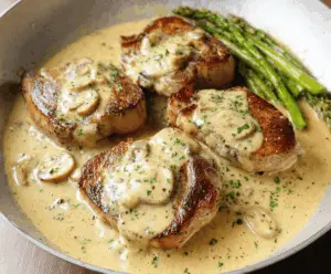 Juicy pork chops topped with rich creamy garlic sauce served on a white plate, garnished with fresh herbs