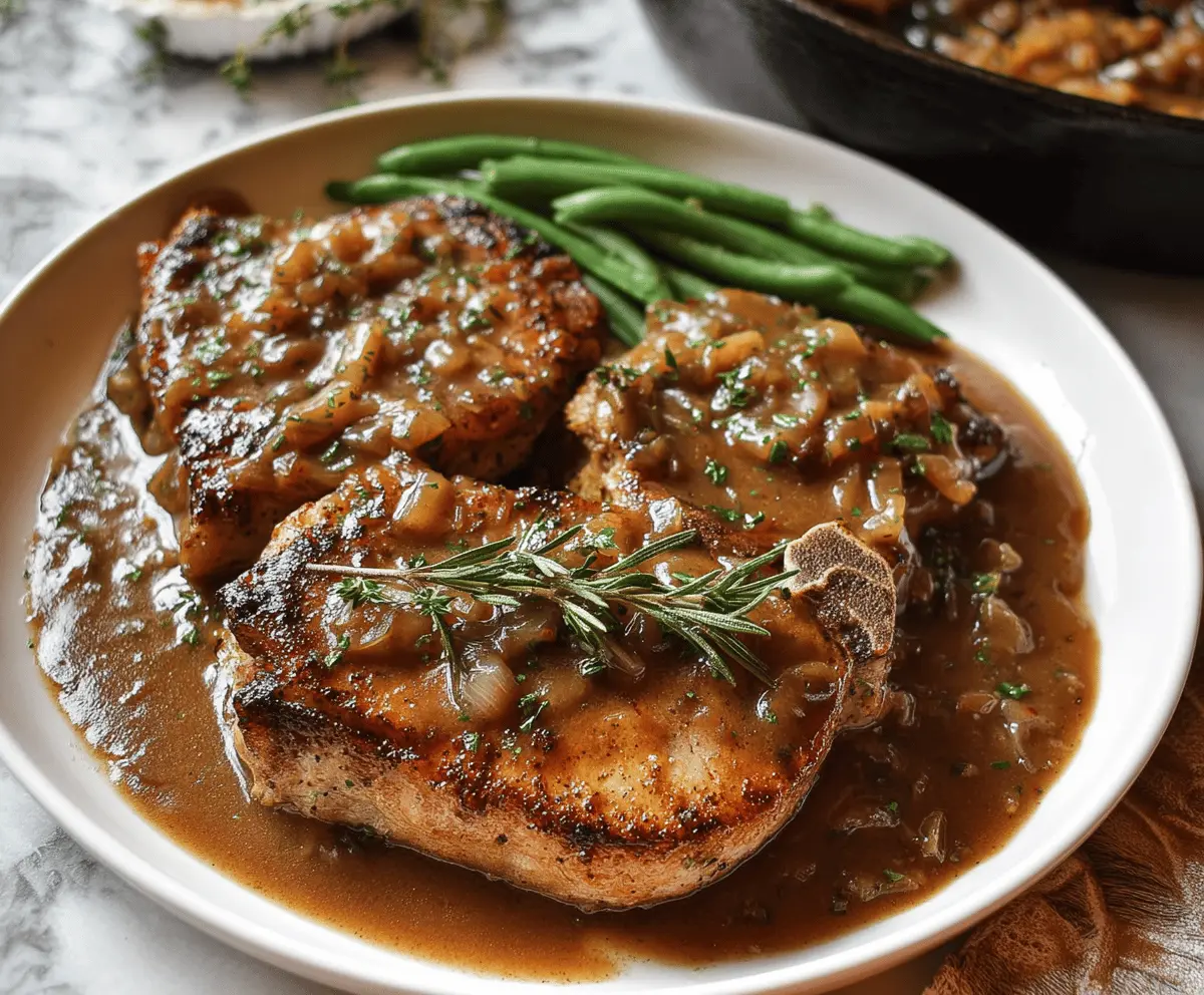 Juicy pork chops topped with savory pan gravy served on a plate, perfect for a hearty meal