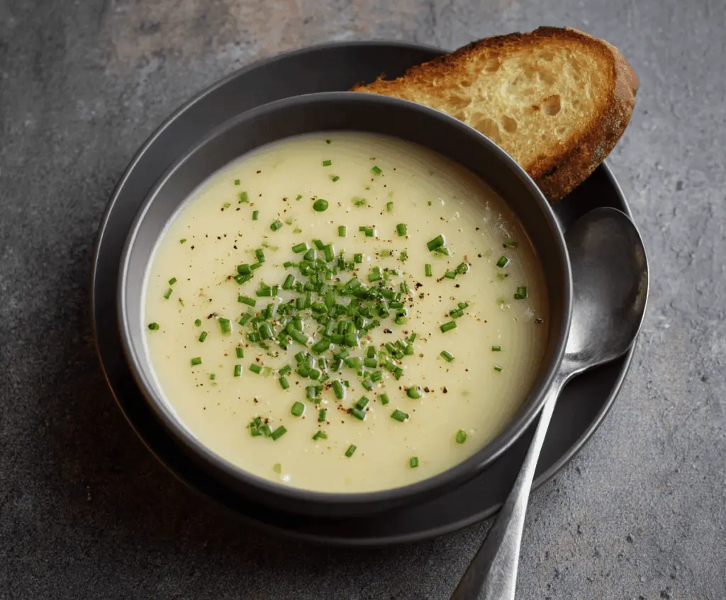 Creamy potato leek soup served in a bowl garnished with fresh herbs, perfect for a comforting and healthy meal.