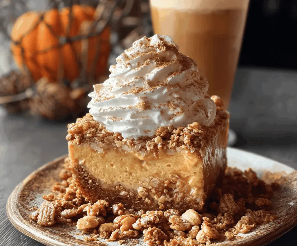 Delicious Pumpkin Autumn Crunch Delight dessert topped with whipped cream and autumn-inspired garnishes, perfect for fall celebrations