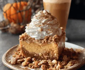 Delicious Pumpkin Autumn Crunch Delight dessert topped with whipped cream and autumn-inspired garnishes, perfect for fall celebrations