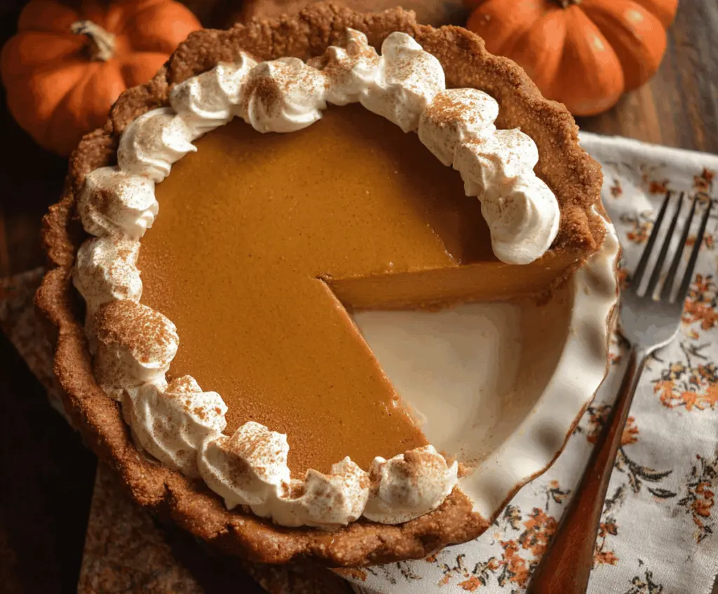 Creamy Pumpkin Butter Pie topped with whipped cream and cinnamon, served on a rustic plate for a delicious fall dessert.