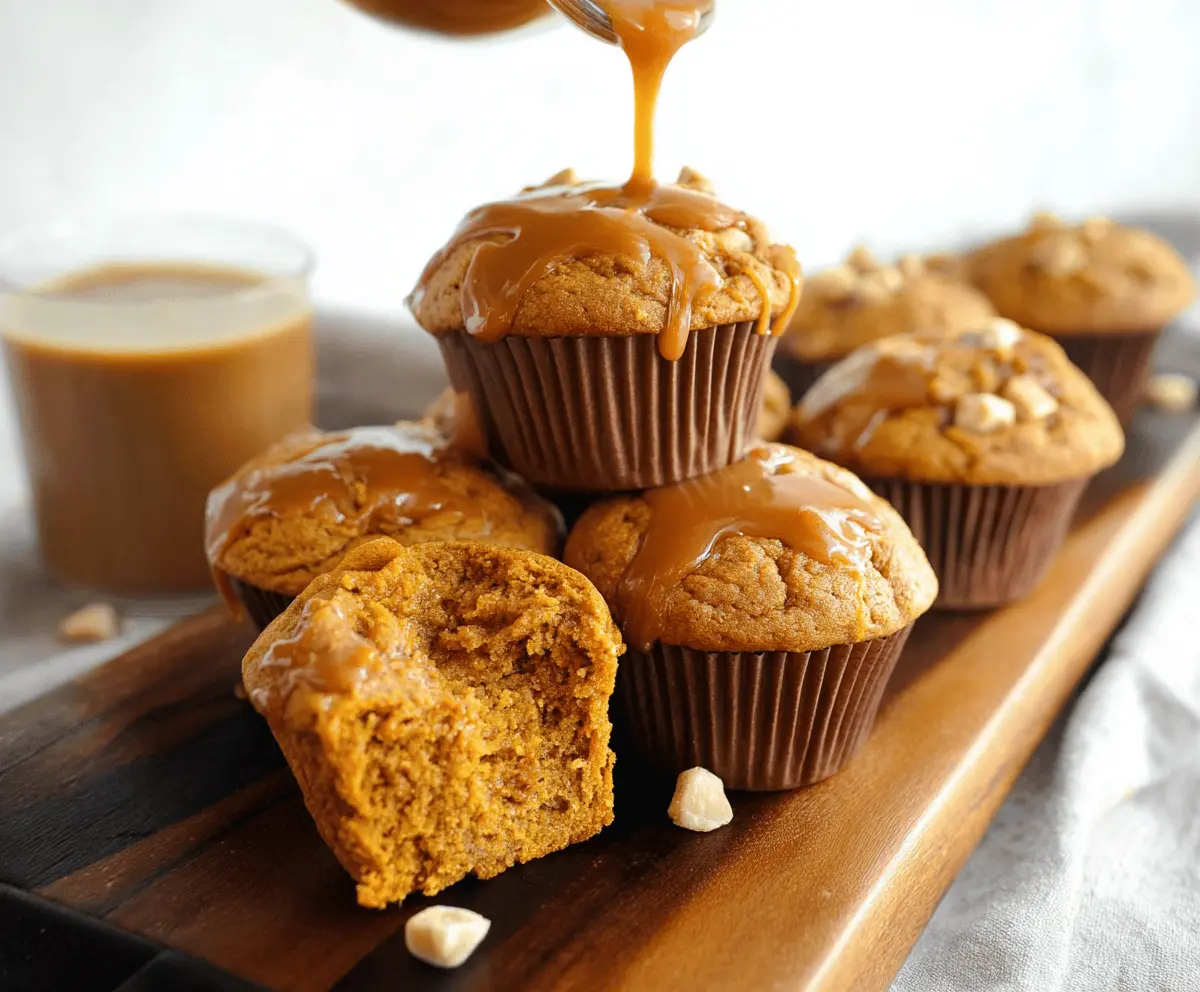 Freshly baked pumpkin caramel muffins with a golden crust, topped with a drizzle of caramel sauce and sprinkled with cinnamon, on a rustic wooden table.
