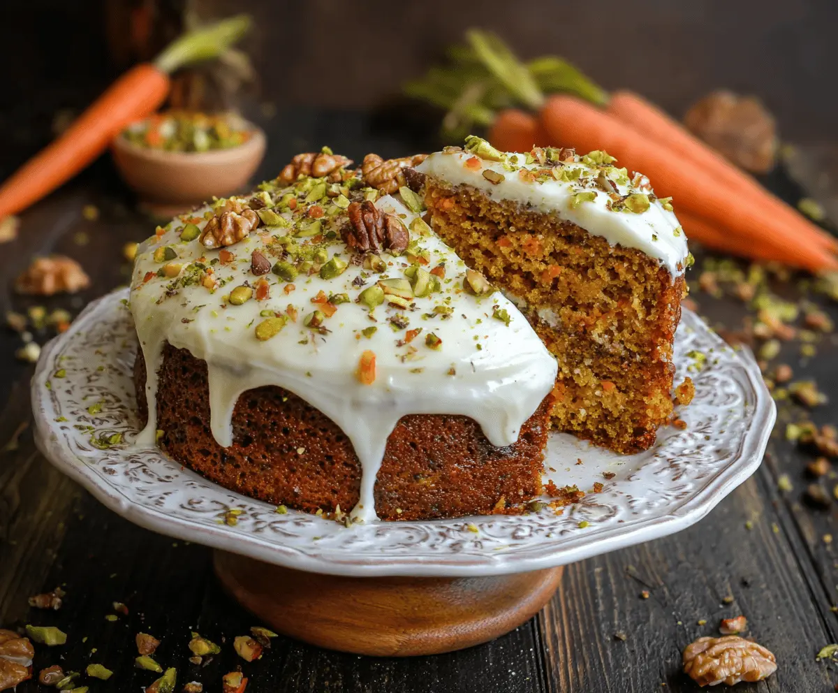 Delicious homemade pumpkin carrot cake topped with cream cheese frosting and garnished with chopped nuts, perfect for fall celebrations.