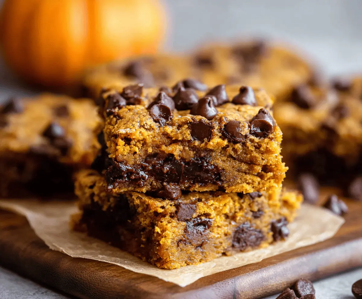 Delicious homemade pumpkin chocolate chip bars on a baking tray, featuring a moist pumpkin batter topped with melted chocolate chips, perfect for fall desserts.