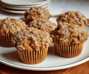 Delicious pumpkin coffee cake muffins with a crumb topping, perfect for breakfast or fall treats.