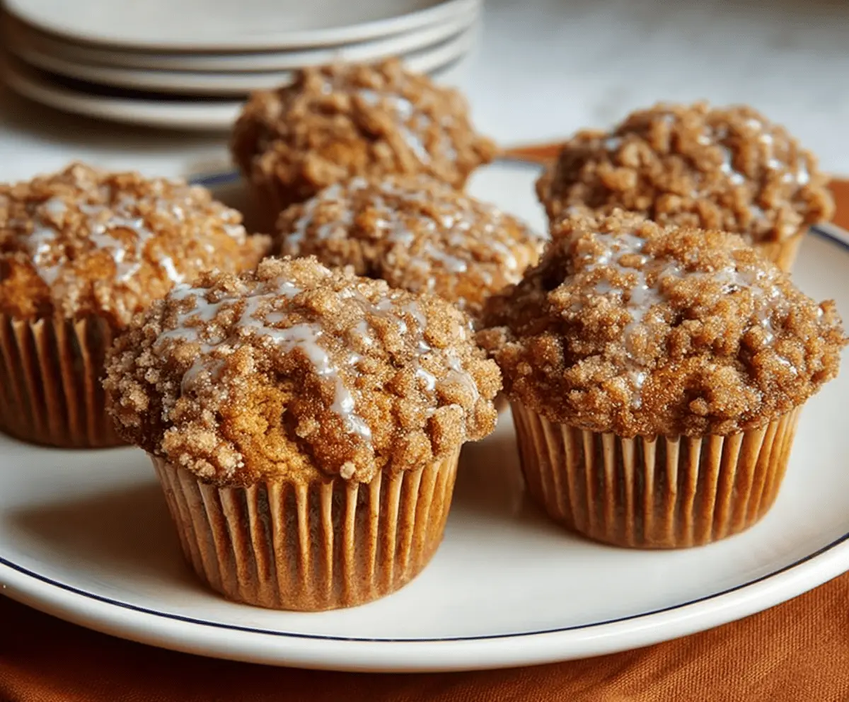 Delicious pumpkin coffee cake muffins with a crumb topping, perfect for breakfast or fall treats.