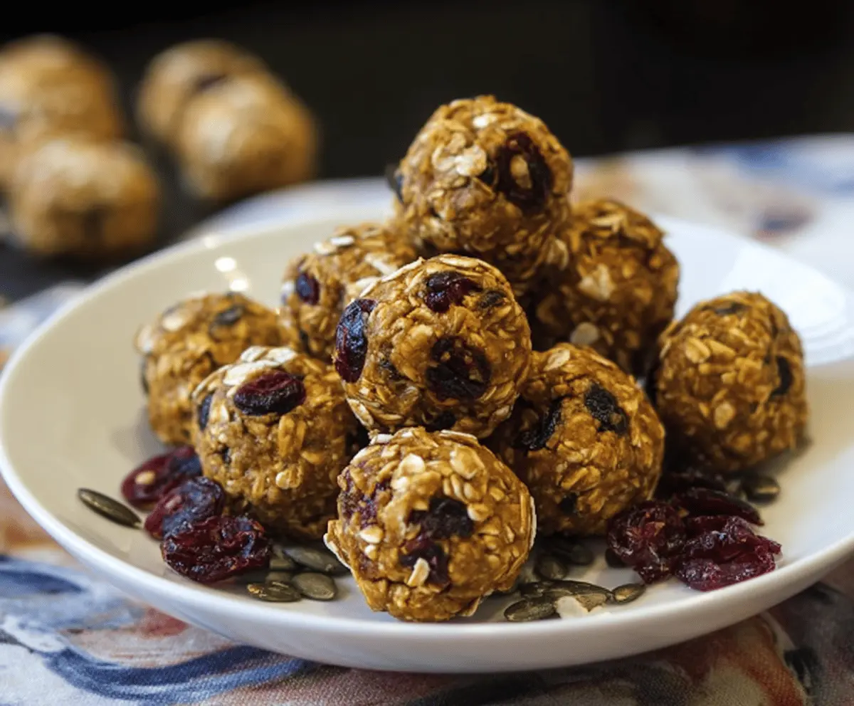 Healthy Pumpkin Cranberry Energy Bites on a white plate with autumn-themed background, perfect for a nutritious snack
